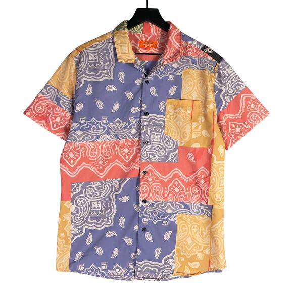 Negative Space Patchwork Bandana Print Shirt Multicolor Button Top‎ Men’s M - Picture 1 of 9